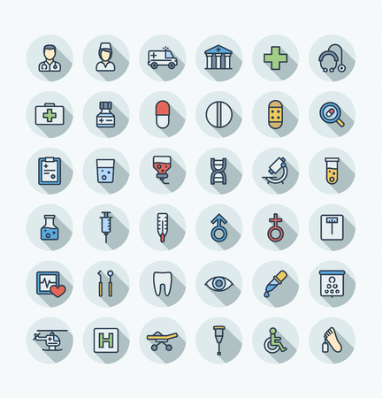 Illustration with medical, medicine and healthcare outline symbols. Vector thin line icons set and graphic design. Dentist, health, ambulance, care, doctor, pill, stethoscope flat color pictogramのイラスト素材