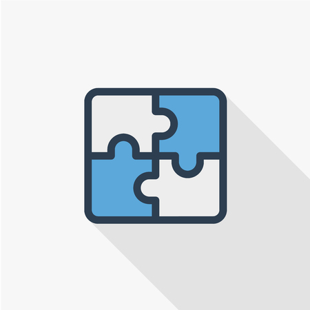 puzzle part, jigsaw piece, solution thin line flat color icon. Linear vector illustration. Pictogram isolated on white background. Colorful long shadow design.のイラスト素材