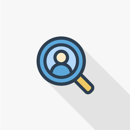 recruitment, resume search, job, selecting staff thin line flat icon. Linear vector illustration. Pictogram isolated on white background. Colorful long shadow design.のイラスト素材