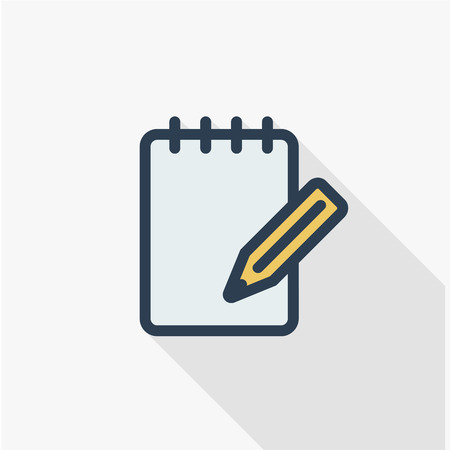 New record, paper notebook thin line flat color icon. Linear vector illustration. Pictogram isolated on white background. Colorful long shadow design.のイラスト素材