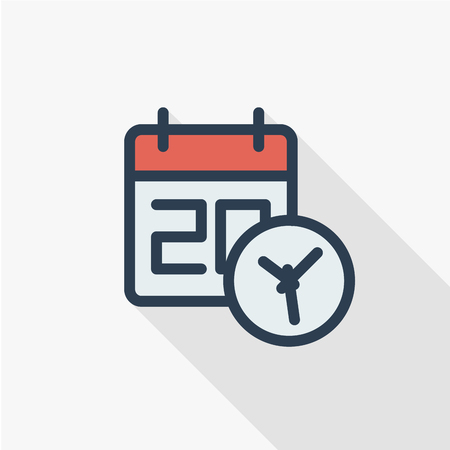 date and time, calendar and clock thin line flat color icon. Linear vector illustration. Pictogram isolated on white background. Colorful long shadow design.のイラスト素材