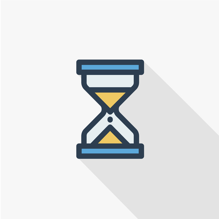 timer, sand hourglass, glass clock thin line flat icon. Linear vector illustration. Pictogram isolated on white background. Colorful long shadow design.のイラスト素材