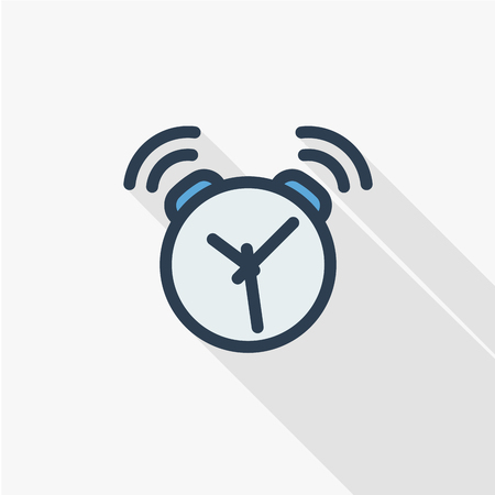 alarm clock thin line flat color icon. Linear vector illustration. Pictogram isolated on white background. Colorful long shadow design.のイラスト素材