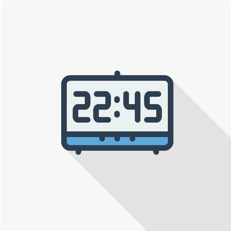 digital clock thin line flat color icon. Linear vector illustration. Pictogram isolated on white background. Colorful long shadow design.のイラスト素材