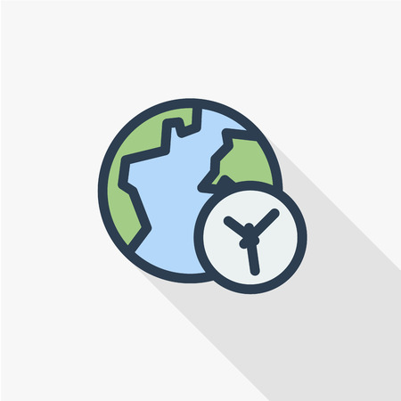 global time, clock and planet Earth thin line flat color icon. Linear vector illustration. Pictogram isolated on white background. Colorful long shadow design.のイラスト素材