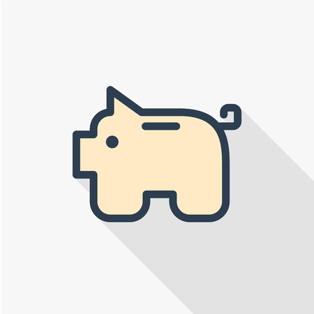 piggy bank, finance, money save thin line flat icon. Linear vector illustration. Pictogram isolated on white background. Colorful long shadow design.fogのイラスト素材