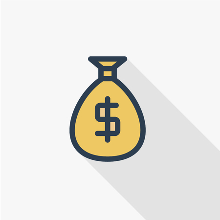 money bag thin line flat color icon. Linear vector illustration. Pictogram isolated on white background. Colorful long shadow design.のイラスト素材
