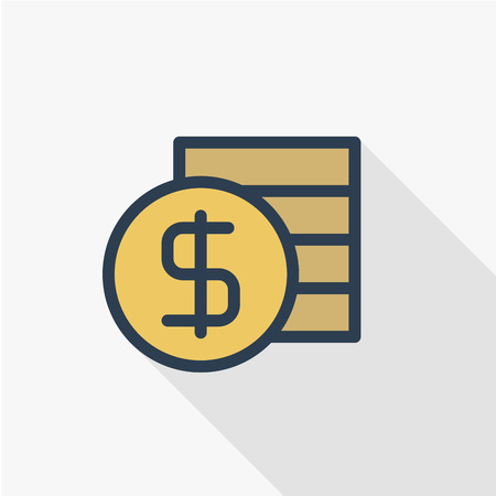 banking, money, dollar coins thin line flat color icon. Linear vector illustration. Pictogram isolated on white background. Colorful long shadow design.のイラスト素材