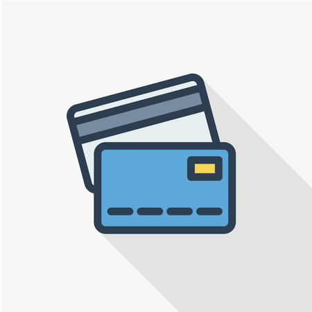 bank card thin line flat color icon. Linear vector illustration. Pictogram isolated on white background. Colorful long shadow design.のイラスト素材