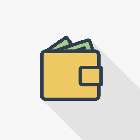 wallet thin line flat color icon. Linear vector illustration. Pictogram isolated on white background. Colorful long shadow design.のイラスト素材