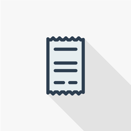 receipt, paper thin line flat color icon. Linear vector illustration. Pictogram isolated on white background. Colorful long shadow design.のイラスト素材