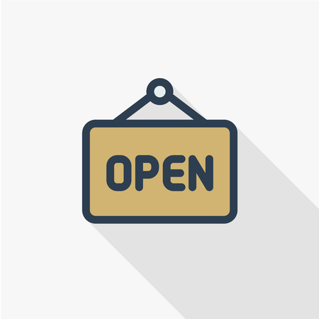 Thin line icon with flat design element of signboard in store, door open sign board, welcome to shop, label at entrance. Modern style logo vector illustration concept.のイラスト素材
