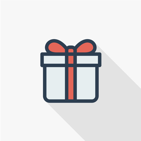 Gift box thin line flat color icon. Linear vector illustration. Pictogram isolated on white background. Colorful long shadow design.のイラスト素材