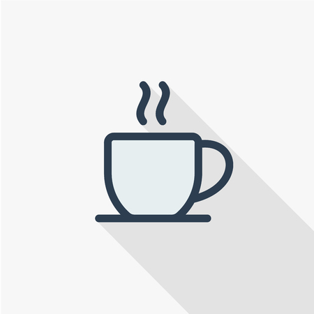 Coffee cup thin line flat color icon. Linear vector illustration. Pictogram isolated on white background. Colorful long shadow design.のイラスト素材