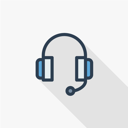 Technical support, headphones microphone, operator thin line flat color icon. Linear vector illustration. Pictogram isolated on white background. Colorful long shadow design.のイラスト素材