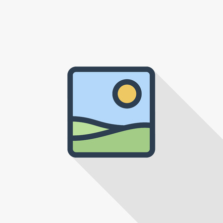 photo image, photography file, picture gallery thin line flat color icon. Linear vector illustration. Pictogram isolated on white background. Colorful long shadow design.のイラスト素材