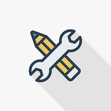Wrench and pen, installation, design thin line flat color icon. Linear vector illustration. Pictogram isolated on white background. Colorful long shadow design.のイラスト素材
