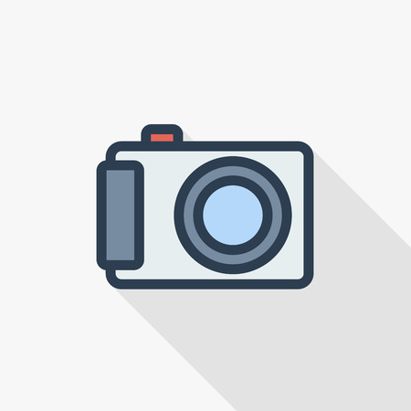 Digital photo camera thin line flat color icon. Linear vector illustration. Pictogram isolated on white background. Colorful long shadow design.のイラスト素材