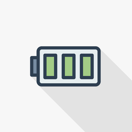 Battery charge full thin line flat color icon. Linear vector illustration. Pictogram isolated on white background. Colorful long shadow design.のイラスト素材