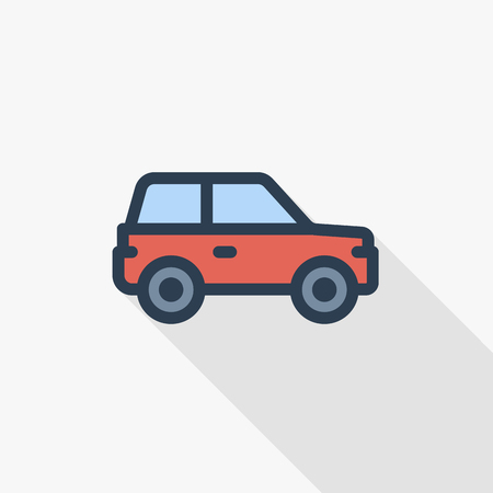 red car, hatchback thin line flat color icon. Linear vector illustration. Pictogram isolated on white background. Colorful long shadow design.のイラスト素材