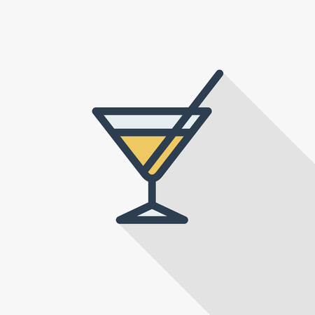 cocktail glass umbrella, juice drink, thin line flat color icon. Linear vector illustration. Pictogram isolated on white background. Colorful long shadow design.のイラスト素材