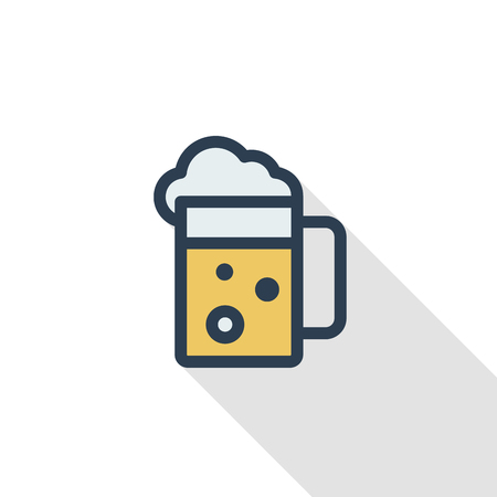 beer glass whith foam thin line flat color icon. Linear vector illustration. Pictogram isolated on white background. Colorful long shadow design.のイラスト素材