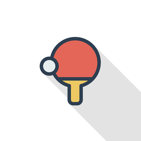 Ping pong, racket and ball thin line flat color icon. Linear vector illustration. Pictogram isolated on white background. Colorful long shadow design.のイラスト素材