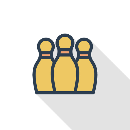 Bowling Skittles and ball thin line flat color icon. Linear vector illustration. Pictogram isolated on white background. Colorful long shadow design.のイラスト素材
