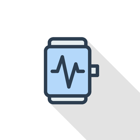 Sport smart watch modern mobile device with pulse screening monitor thin line flat color icon. Linear vector illustration. Pictogram isolated on white background. Colorful long shadow design.のイラスト素材