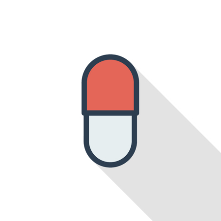 capsul red pill thin line flat color icon. Linear vector illustration. Pictogram isolated on white background. Colorful long shadow design.のイラスト素材