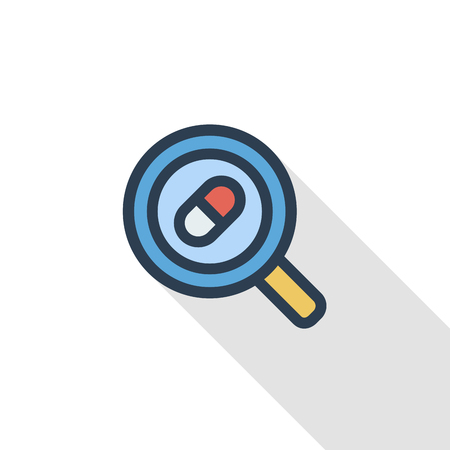magnifier glass with a pill thin line flat color icon. Linear vector illustration. Pictogram isolated on white background. Colorful long shadow design.のイラスト素材