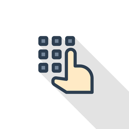 Pin code keypad, access security lock, hand pushing thin line flat icon. Linear vector illustration. Pictogram isolated on white background. Colorful long shadow design.のイラスト素材