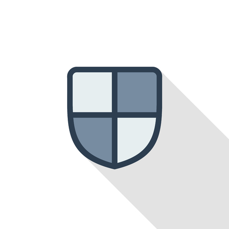 Shield, safety and protection thin line flat color icon. Linear vector illustration. Pictogram isolated on white background. Colorful long shadow design.のイラスト素材