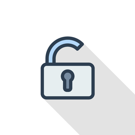 open lock, password, access thin line flat color icon. Linear vector illustration. Pictogram isolated on white background. Colorful long shadow design.のイラスト素材