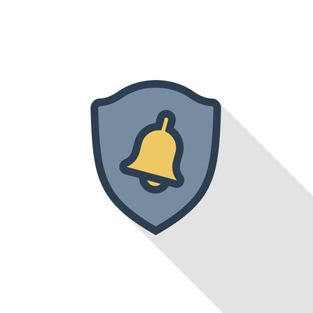 Police shield and bell, security alert signal thin line flat icon, linear vector illustration. Pictogram isolated on white background colorful long shadow design.のイラスト素材