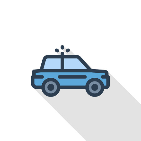 Police car thin line flat color icon, linear vector illustration. Pictogram isolated on white background colorful long shadow design.のイラスト素材