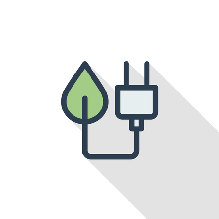 Green plug, ecology energy power socket thin line flat color icon, linear vector illustration. Pictogram isolated on white background colorful long shadow design.のイラスト素材