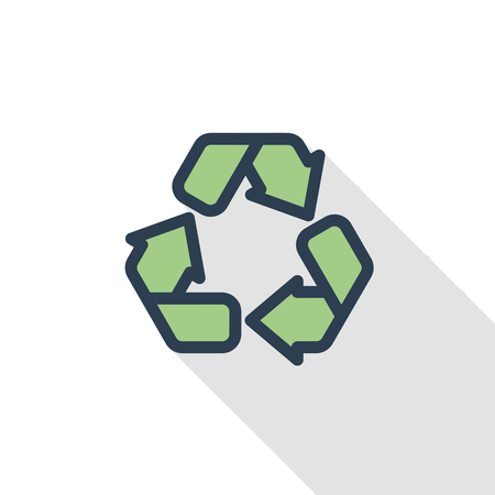 Recycle green symbol, environmental protection thin line flat color icon. Linear vector illustration, pictogram isolated on white background, colorful long shadow design.のイラスト素材