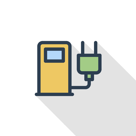 electric vehicle charging station, ecology thin line flat color icon. Linear vector illustration. Pictogram isolated on white background. Colorful long shadow design.のイラスト素材