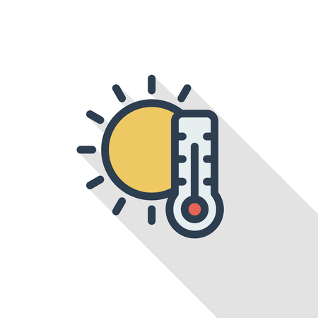 Thermometer and sun, weather thin line flat color icon, linear vector illustration. Pictogram isolated on white background colorful long shadow design.のイラスト素材