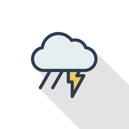 Lightning, thunder storm, rain and cloud thin line flat color icon, linear vector illustration. Pictogram isolated on white background colorful long shadow design.のイラスト素材