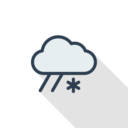Cloud weather, snow and rain thin line flat color icon, linear vector illustration. Pictogram isolated on white background colorful long shadow design.のイラスト素材