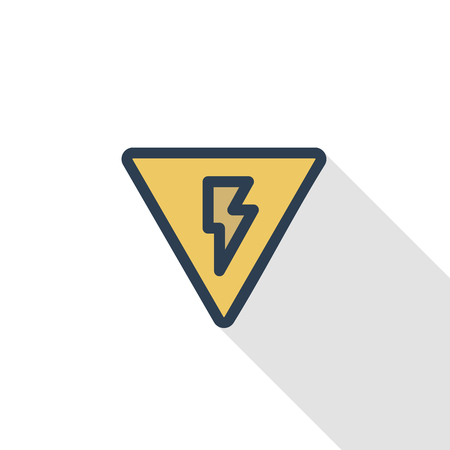 Sign of danger, high voltage thin line flat color icon vector illustration. Pictogram isolated on white background in Colorful long shadow design.のイラスト素材