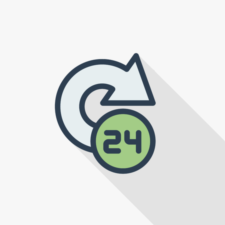 24 hour, around the clock, day and night thin line flat color icon vector illustration. Pictogram isolated on white background in Colorful long shadow design.のイラスト素材