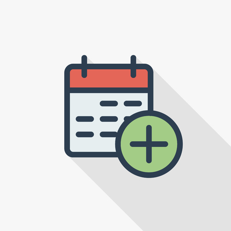 Date and time, calendar and add event thin line flat color icon vector illustration. Pictogram isolated on white background in colorful long shadow design.のイラスト素材