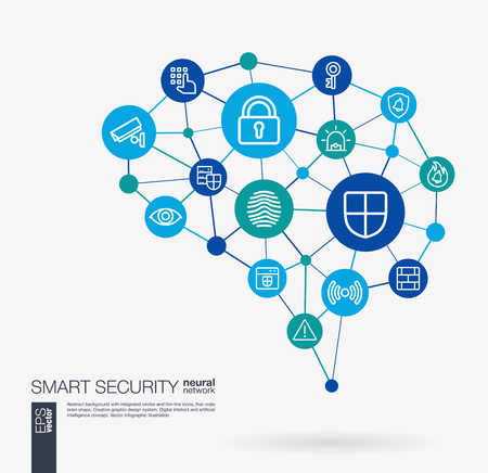 AI creative think system concept. Digital mesh smart brain idea. Futuristic interact neural network grid connect. Cyber security, big data protect, internet safety integrated business vector icons.のイラスト素材
