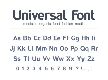 Universal brand name font. Food, drink, organic product packaging, fashion media, medicine full  alphabet. Letters, numbers for pharmacy, restaurant, business icon design modern vector typeface.のイラスト素材