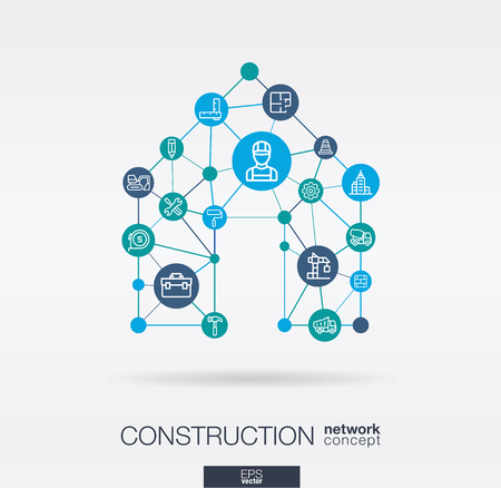 Construction integrated thin line web icons in home shape.. Digital network concept, Connected graphic design polygons and circles system. Vector illustration.のイラスト素材