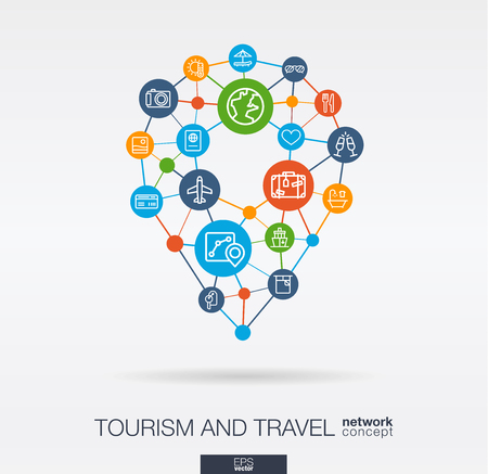 Travel integrated thin line web icons in map pin sape. Digital network concept. Connected graphic design polygons, circles system. Vector background whith gps navigation marker, tourism, hotel bookingのイラスト素材