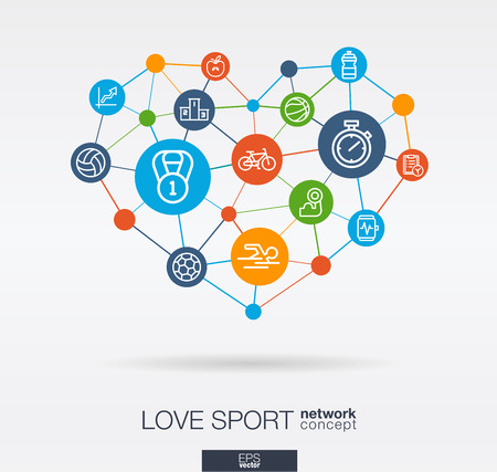 Love sport integrated thin line icons in heart shape. Digital network concept. Connected graphic design polygons and circles system. Abstract background for healthy, lifestyle, fitness and gym. Vectorのイラスト素材